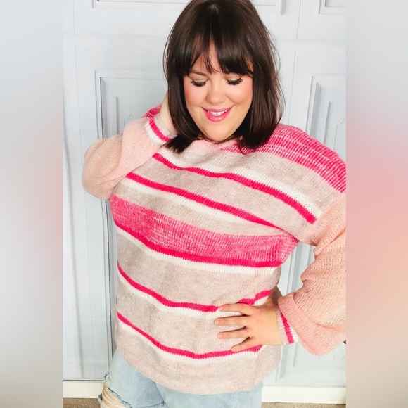 Reg. & Plus Size Soft Fuzzy Knit Pink Striped Sweater, Relaxed Fit, Multicolored - Picture 7 of 12